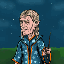 a cartoon of a man holding a wand and wearing a blue robe with stars