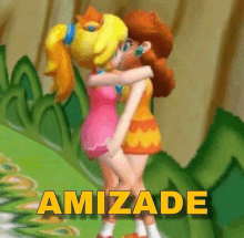 a cartoon of two girls hugging with the word amizade in the foreground