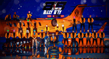 a group of people standing in front of a plane that says billy b'y gang