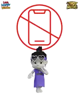 a cartoon character wearing sunglasses stands in front of a no cellphone sign