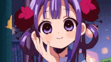 a cartoon girl with purple hair and flowers in her hair is smiling .