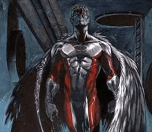 a man in a red and silver superhero costume with wings is standing in a dark room holding a sword .