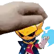 a cartoon character wearing a hat and gloves is being touched by a hand .