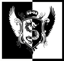 a black and white emblem with a dragon on it