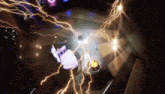 lightning strikes in a dark room with a purple object on the floor
