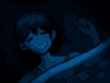 a blue and black drawing of a girl laying in bed