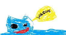 a drawing of a blue cartoon character with a yellow speech bubble that says welcome