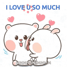 a cartoon of a bear and a rabbit kissing each other with the words `` i love u so much '' .