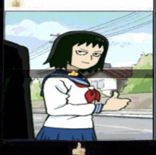 a cartoon of a girl in a school uniform giving a thumbs up .