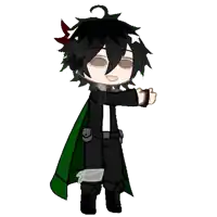 a cartoon of a boy with black hair and a green cape .