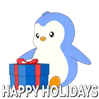 a blue penguin is holding a teddy bear and a gift box with the words happy holidays written below it