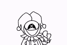 a black and white drawing of a jester with a x in his eye .