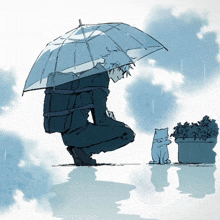 a drawing of a man holding an umbrella over a cat in the rain