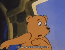 a cartoon bear is sitting in a car and saying `` i 'll say my secret magic word '' .