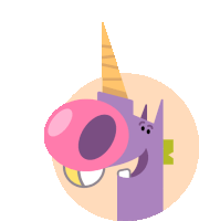 a purple unicorn with a pink horn blowing a pink bubble gum