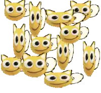 a bunch of yellow cats with big eyes and smiles on their faces