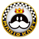 the logo for mario kart has a mustache and a crown on it