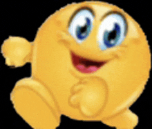 a yellow smiley face with blue eyes is standing on a black background