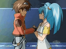 a boy and a girl are standing next to each other and the girl has blue hair and the boy has brown hair