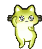 a pixel art drawing of a yellow cat with big eyes standing on its hind legs .