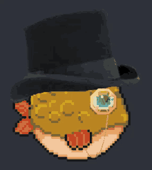 a pixel art of a fish wearing a top hat and goggles