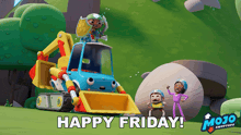 an advertisement for mojo swootops shows a bulldozer and two cartoon characters