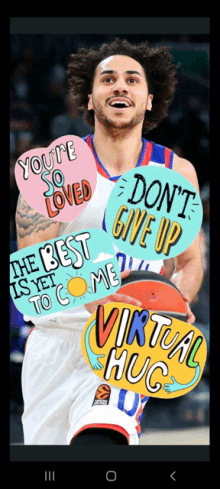 a basketball player is holding a basketball surrounded by stickers that say virtual hug and don t give up