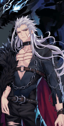 a drawing of a man with long white hair and chains around his waist
