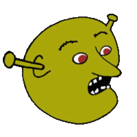 a cartoon drawing of shrek 's face with red eyes