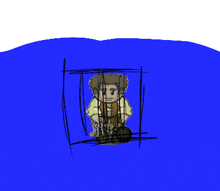 a cartoon drawing of a man in a cage in the water