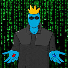 a cartoon character with a crown on his head is standing in front of a green matrix background