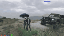 a man and a woman standing in front of a canis jeep