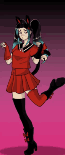 a girl with blue hair and black ears is wearing a red skirt