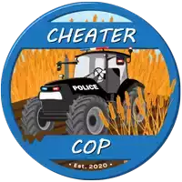 a cheater cop logo with a police tractor in the middle of a wheat field