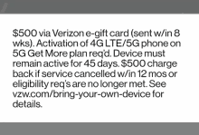 a verizon e-gift card is being offered for $ 500