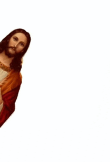 a statue of jesus is peeking out from behind a white background .