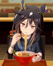 a cartoon girl is eating a bowl of ramen
