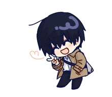 a chibi drawing of a boy in a trench coat giving a peace sign and a heart .