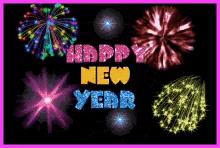 a happy new year greeting card with colorful fireworks