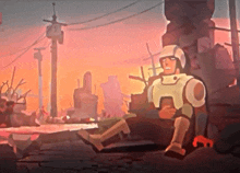 a cartoon of a man sitting in a ruined city with a sign that says 1