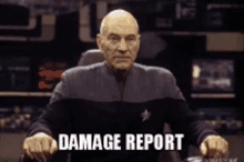 a man in a star trek uniform is sitting in a chair with the words damage report written on the bottom