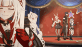 a group of anime characters are standing on a stage with one girl holding a camera