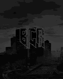 a black and white photo of a city with the letters bcr on it