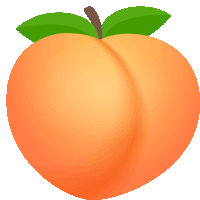 an orange peach with green leaves and a brown stem on a white background