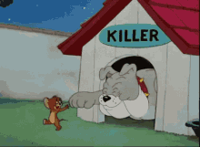 a cartoon of jerry and a dog in a doghouse with a sign that says " killer "