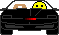 a pixel art illustration of a black car with a yellow smiley face driving it .