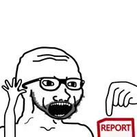 a drawing of a man with glasses and a red report sign