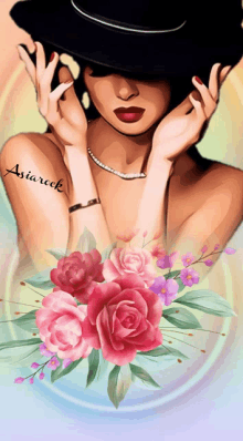 a drawing of a woman with flowers and the name asiarock on her arm