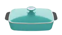 a turquoise casserole dish with a handle and a lid that says cook