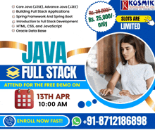 a flyer for a java full stack course